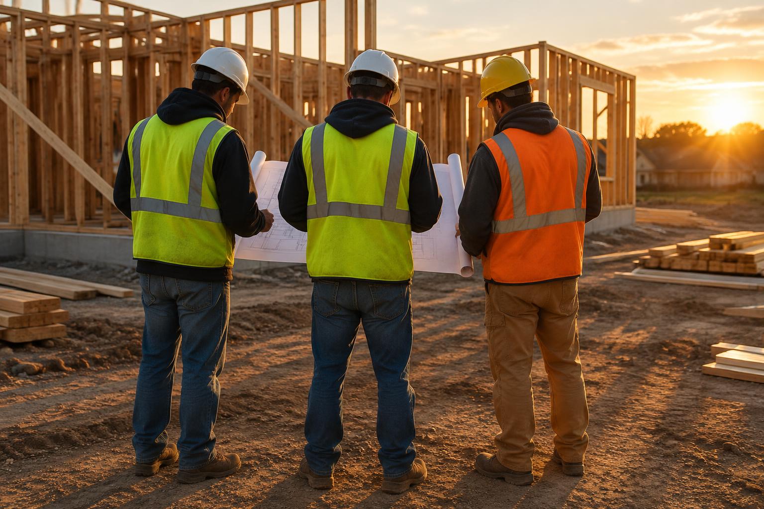 Three contractors in hard hats looking over plans on a job site