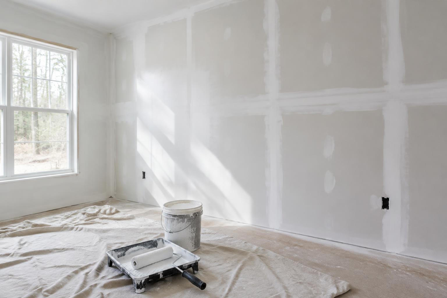 A freshly drywalled and primed interior wall with a paint roller