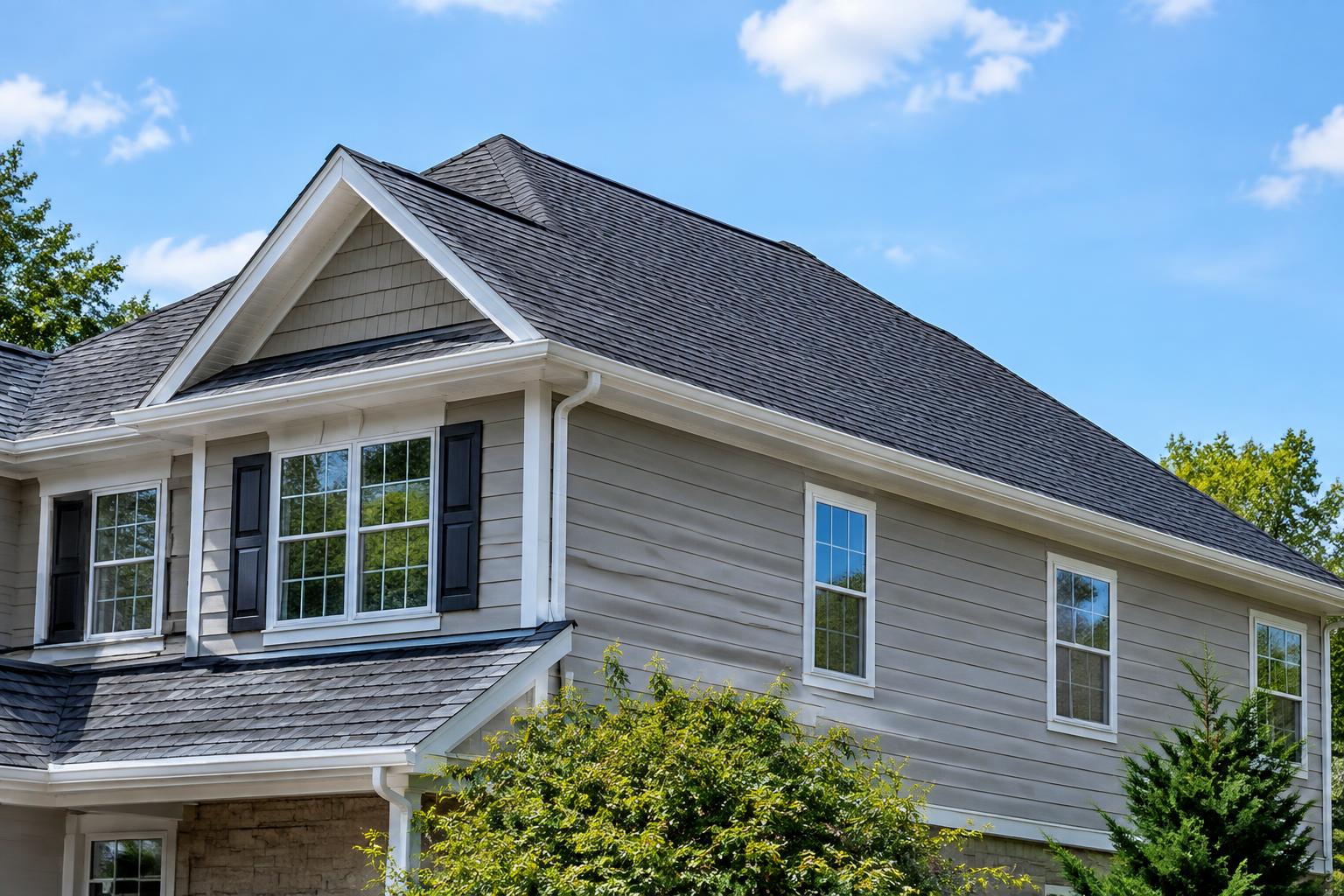 A house exterior with a newly installed roof and gutters